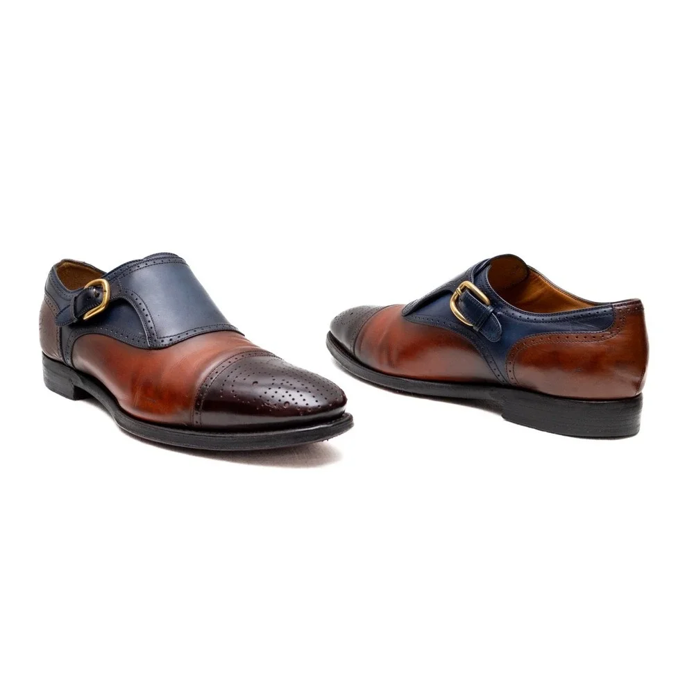 Gucci Men's 5‎ Tone Leather Monk Strap Brogue Cap Toe Dress Shoes UK 8.5 / US 9